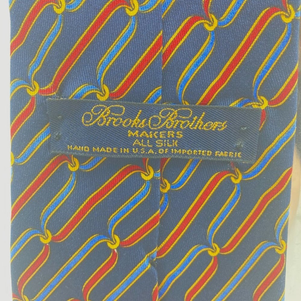 Brooks Brothers Makers Blue Red Gold Pattern 100% Silk Neck Tie One Size OS - Picture 3 of 4